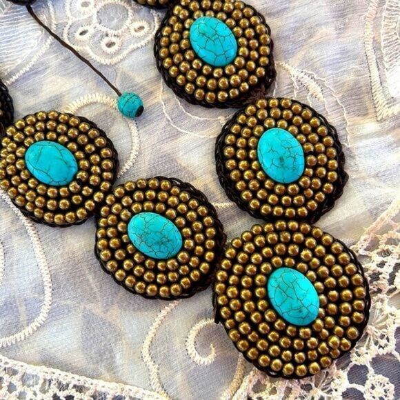 Turquoise Gold & Brown Medallion Handcrafted Crochet Necklace 22" 24" - Picture 3 of 13